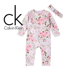 Calvin Klein Baby Girl's Infant  Floral Ruffle Outfit & Headband Set * 6-9 M.